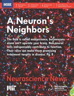 The main text "A Neuron's Neighbors" is overlaid atop a background of many crab-shaped red-stained cells called microglia.