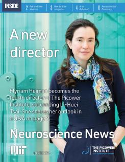 A newsletter cover features Myriam Heiman standing before blue glass windows next to the text "A New Director"