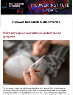Newsletter screenshot features an image of a sick child in bed with a thermometer