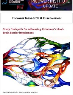 Newsletter screenshot features a painting of vasculature in rainbow colors