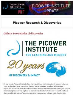E-news screenshot features The Picower Institute Logo paired with a special logo that says 20 Years of Discovery and Impact