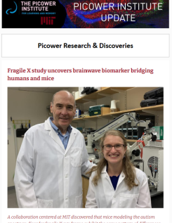 eNews screenshot features a picture of Mark Bear and Sara Kornfeld-Sylla standing together in the lab undre the headline "Fragile X study uncovers brainwave biomarker bridging humans and mice"