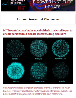 November 2025 enews screenshot features an image of six circles made of different cyan-stained cells under the headline "MIT invents human brain model with six major cell types to enable personalized disease research, drug discovery"