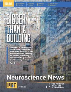 With the headline "Bigger than a Building" the cover features a photomosaic of Building 46 made up of faces of alumni