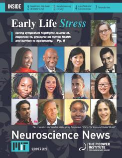 Newsletter cover shows a grid of portraits of the 13 speakers at the Picower Institute Spring Symposium titled, "Early Life Stress and Mental Health"