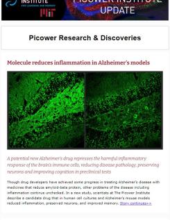 E-news screenshot features side by side comparisons of brain tissue treated with a new compound. The darker green on the righthand side shows that the potential medicine reduced the troublesome tau protein.